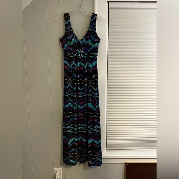 Bisou Bisou Maxi Dress 6P Petite V-Neck Jeweled Empire Waist Geometric Print - Picture 2 of 5